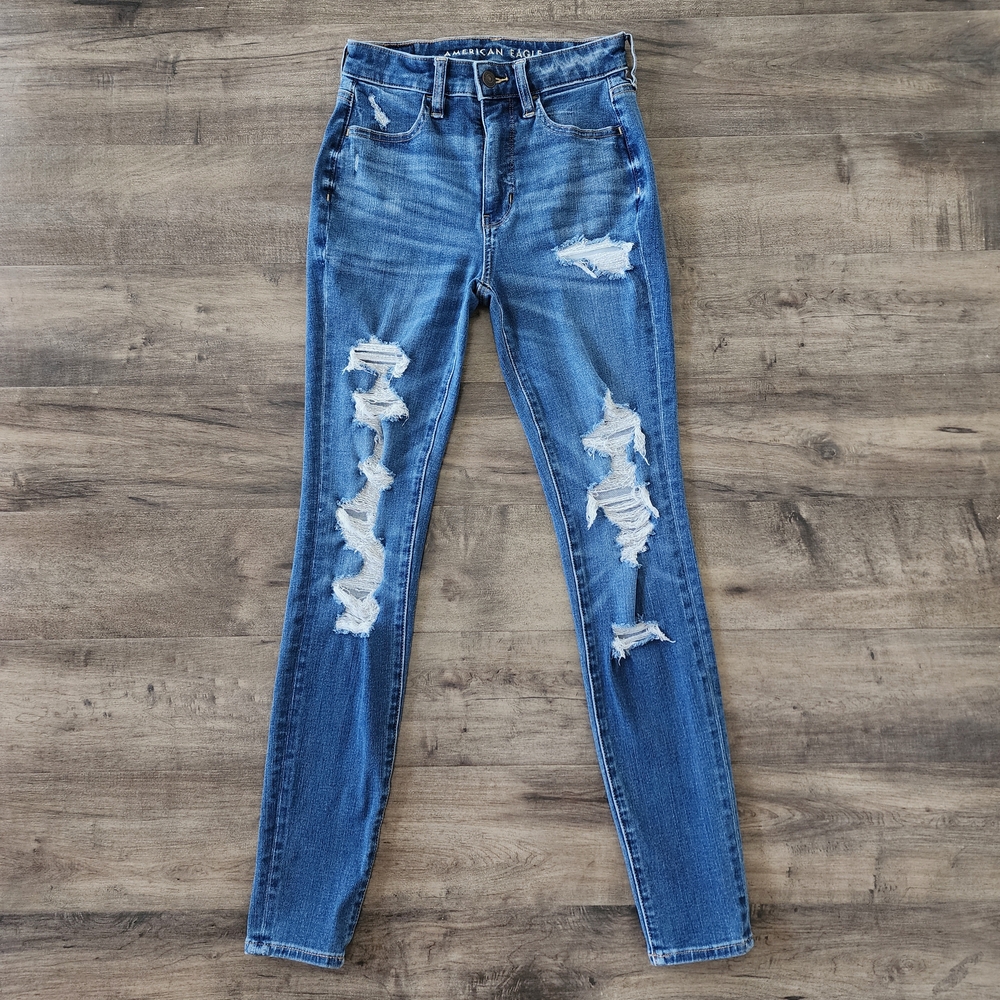 American Eagle Dream Jean Super Hi-Rise Jegging Ripped Distressed 0 Regular